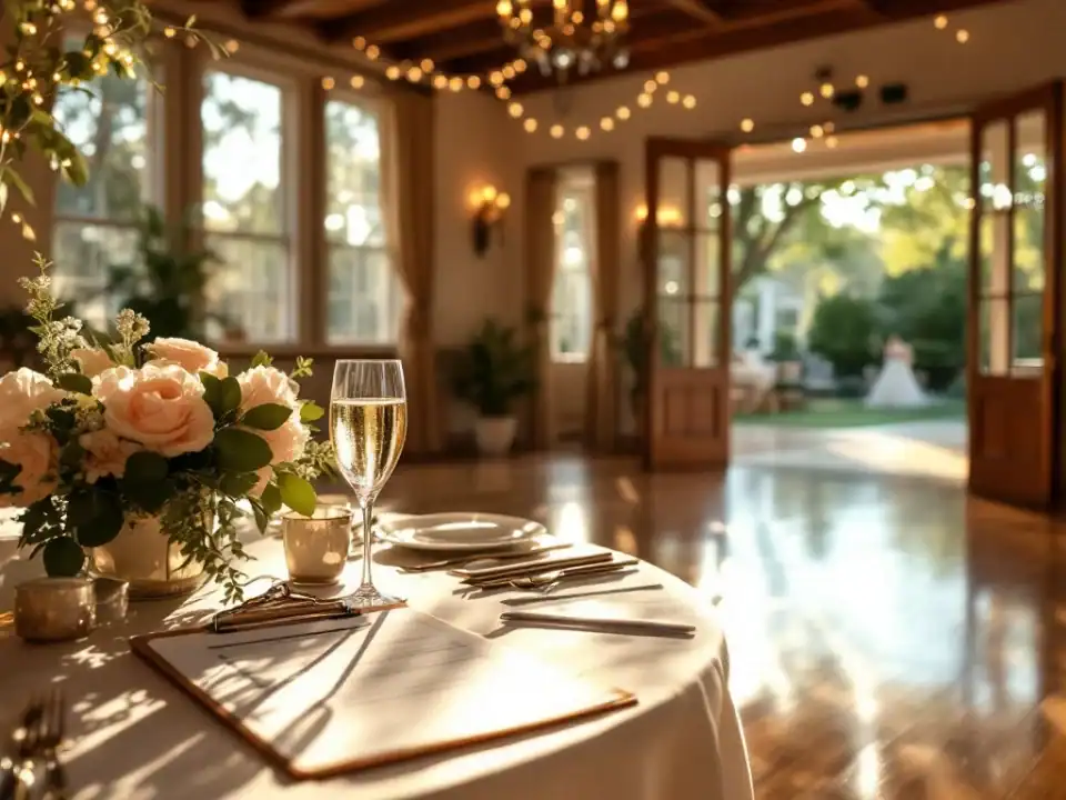 Elegante trouwlocatie met clipboard en checklist op gedekte tafel, champagneglas in zonlicht, dansvloer en openslaande deuren naar tuinterras.