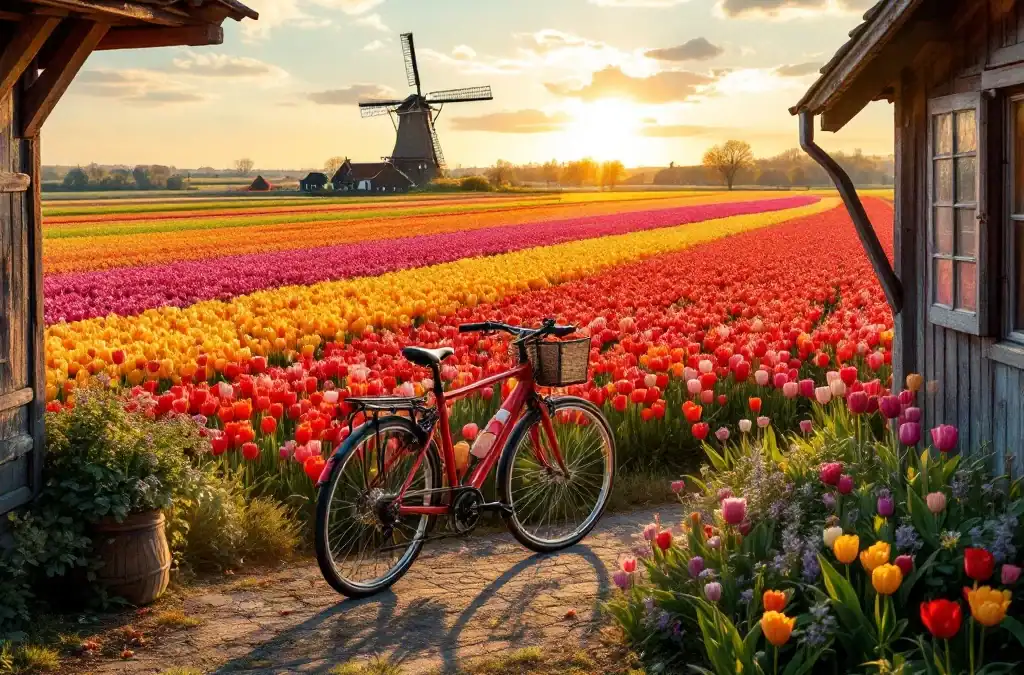 Kleurrijke tulpenvelden bij Hillegom in avondlicht met geparkeerde fiets. Nederlands landschap met molen en bollenvelden.