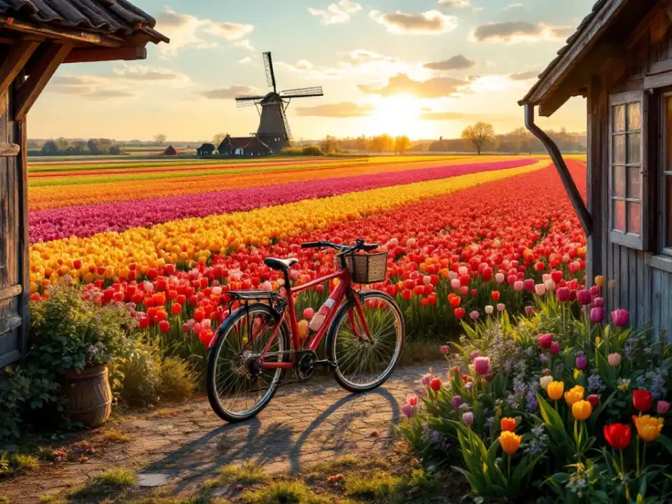Kleurrijke tulpenvelden bij Hillegom in avondlicht met geparkeerde fiets. Nederlands landschap met molen en bollenvelden.