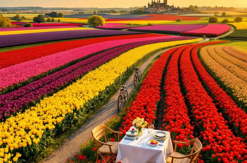 Luchtfoto van kleurrijke tulpenvelden in de Bollenstreek met fietspad, geparkeerde fietsen, een elegante tafelschikking en Hillegom in de verte.
