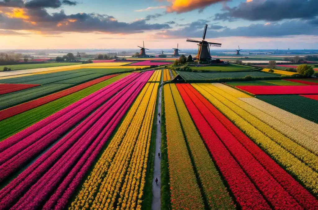 Kleurrijke tulpenvelden in de Bollenstreek vanuit de lucht, met slingerende fietspaden, windmolens en boerderijen in ochtendlicht en lichte nevel.