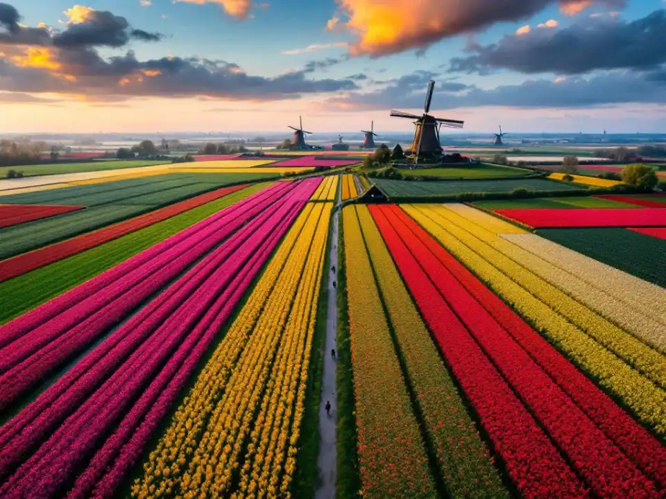 Kleurrijke tulpenvelden in de Bollenstreek vanuit de lucht, met slingerende fietspaden, windmolens en boerderijen in ochtendlicht en lichte nevel.