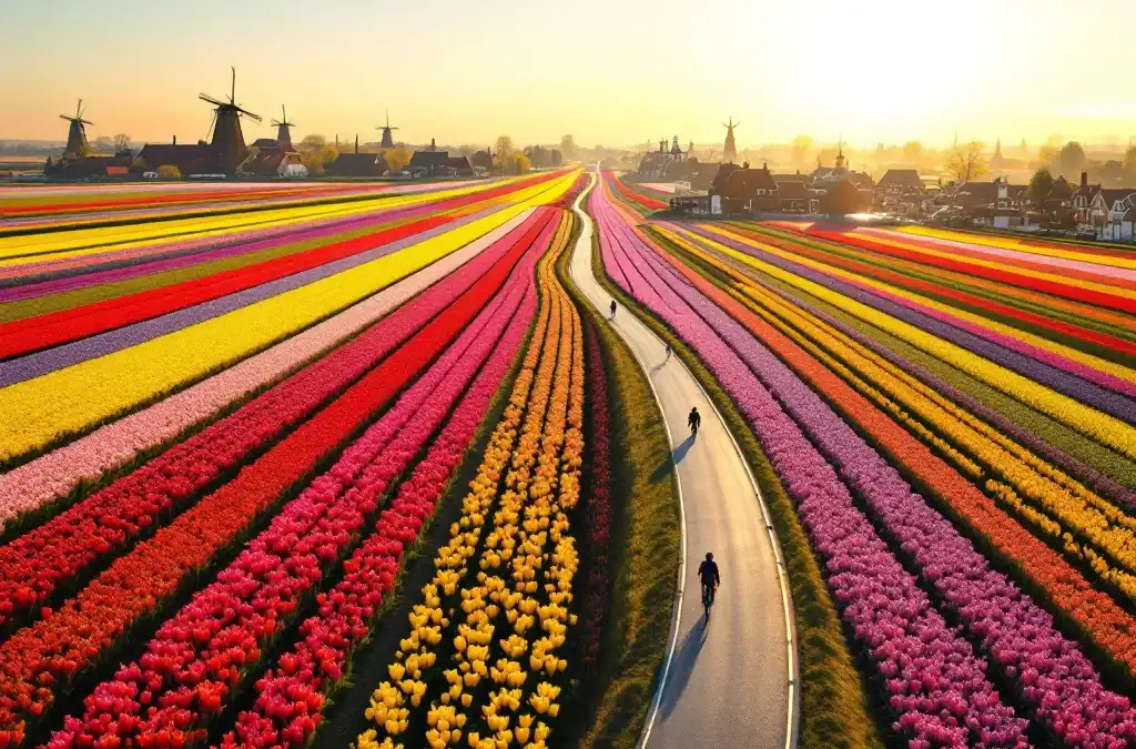 Kronkelend fietspad door kleurrijke tulpenvelden in de Bollenstreek met traditioneel Nederlands dorp en windmolens in de verte bij gouden middaglicht.