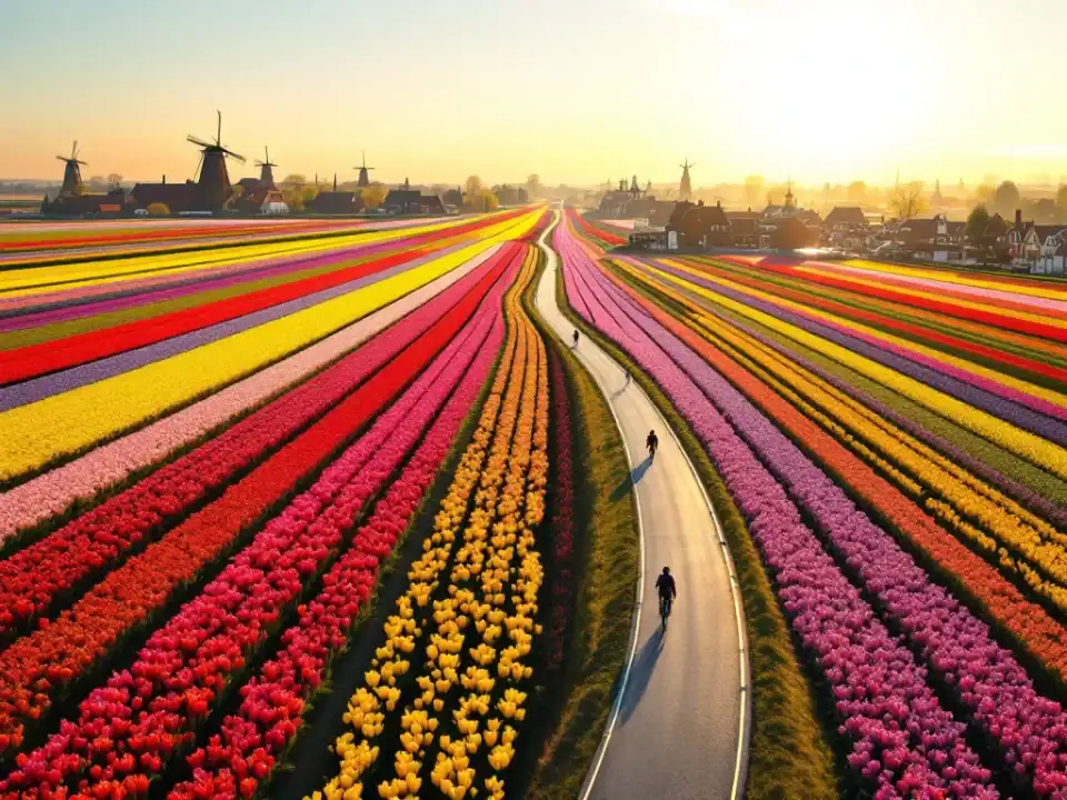 Kronkelend fietspad door kleurrijke tulpenvelden in de Bollenstreek met traditioneel Nederlands dorp en windmolens in de verte bij gouden middaglicht.