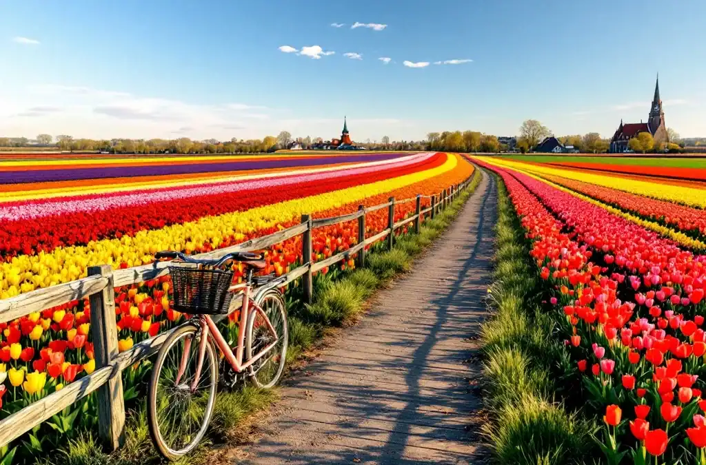 Luchtfoto van kleurrijke tulpenvelden in Hillegom tijdens volle bloei, met fietspad, Nederlandse fiets tegen hek en windmolen in de verte bij zonlicht.