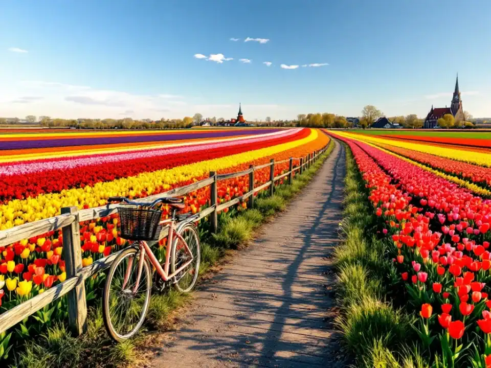 Luchtfoto van kleurrijke tulpenvelden in Hillegom tijdens volle bloei, met fietspad, Nederlandse fiets tegen hek en windmolen in de verte bij zonlicht.
