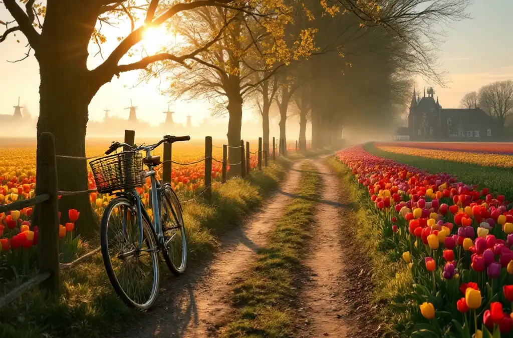 Schilderachtig pad door kleurrijke tulpenvelden nabij Hillegom bij gouden uur, met antieke fiets, windmolens en Villa Flora in de verte.