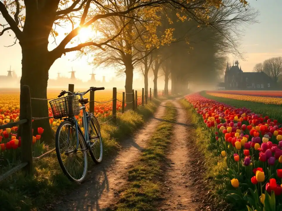 Schilderachtig pad door kleurrijke tulpenvelden nabij Hillegom bij gouden uur, met antieke fiets, windmolens en Villa Flora in de verte.
