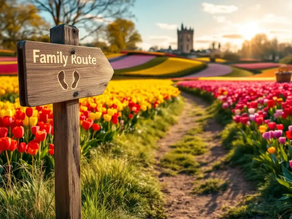 Slingerende wandelpad door tulpenvelden in Hillegom met houten wegwijzer, picknickkleed en historisch gebouw onder stralende zonnehemel.