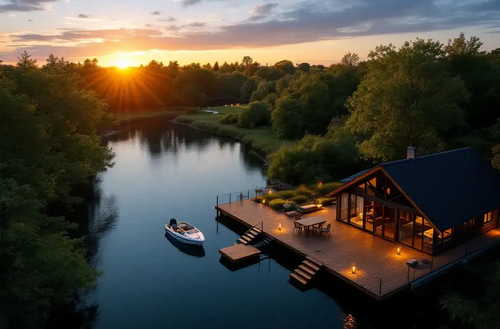 Idyllisch Nederlands vakantiepark bij zonsondergang met luxe woning, terras en steiger, omringd door bossen en een glinsterende meer.