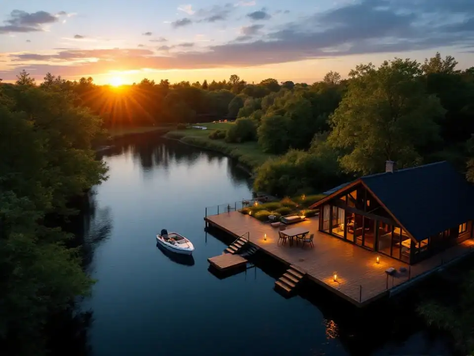 Idyllisch Nederlands vakantiepark bij zonsondergang met luxe woning, terras en steiger, omringd door bossen en een glinsterende meer.