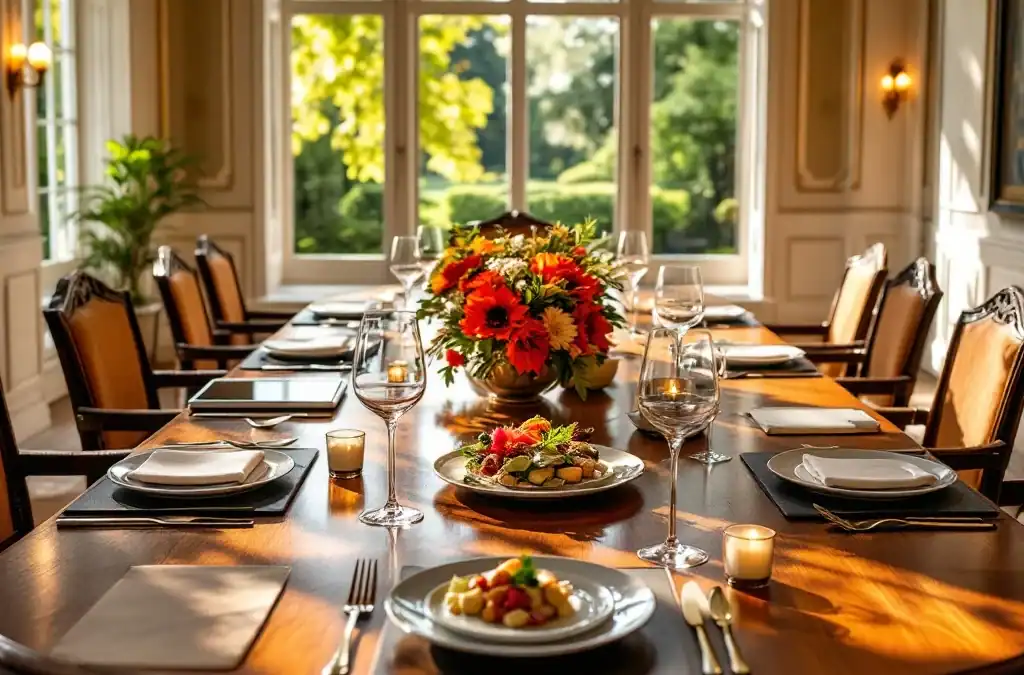 Elegante vergadertafel in historische zaal met zonlicht, zakelijke opstelling en verfijnde dineersetting, omgeven door tuinuitzicht en luxe details.