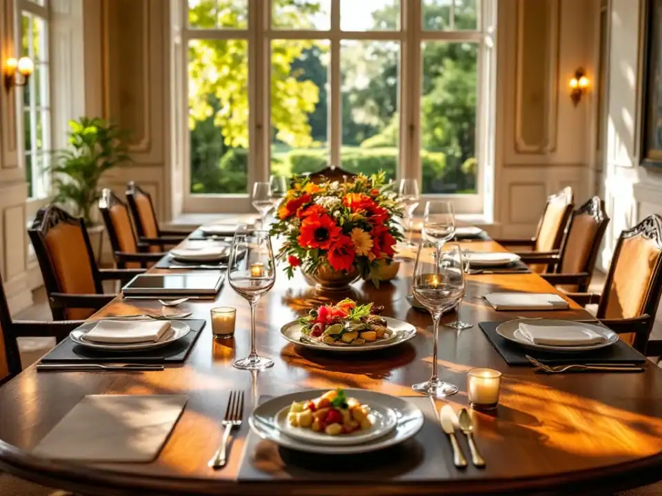 Elegante vergadertafel in historische zaal met zonlicht, zakelijke opstelling en verfijnde dineersetting, omgeven door tuinuitzicht en luxe details.