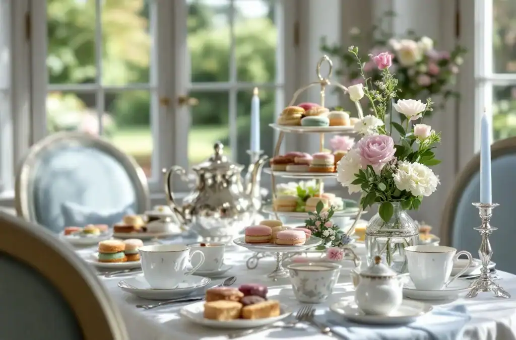 Elegant gedekte tafel in Victoriaanse theekamer met drielaags etagère vol gebak, zilveren theepot, fijn porselein en bloemen bij ramen met tuinzicht.