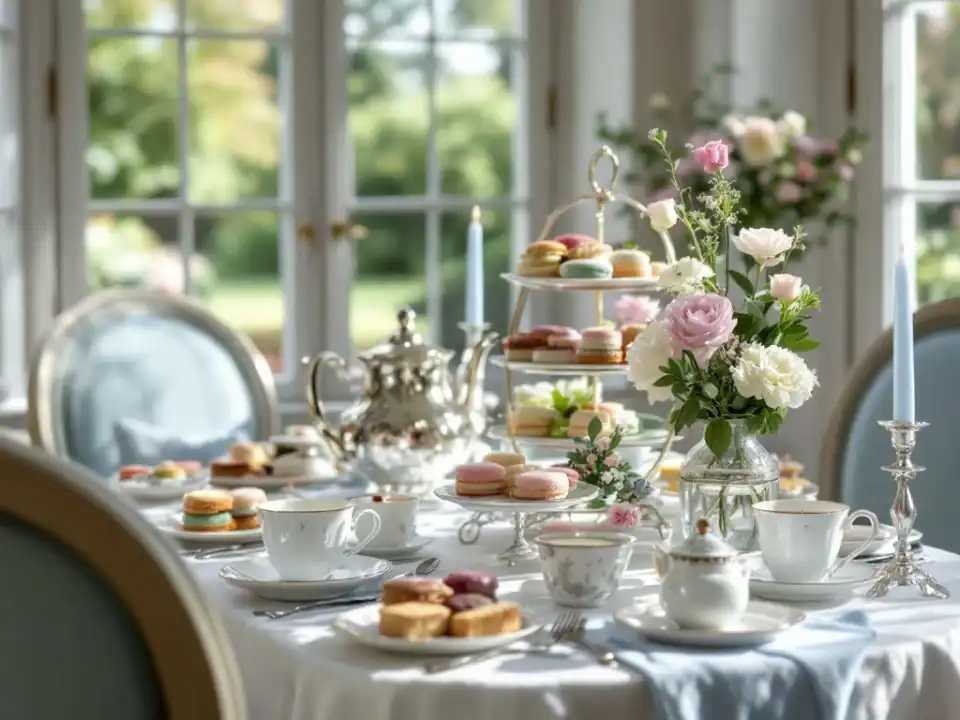 Elegant gedekte tafel in Victoriaanse theekamer met drielaags etagère vol gebak, zilveren theepot, fijn porselein en bloemen bij ramen met tuinzicht.