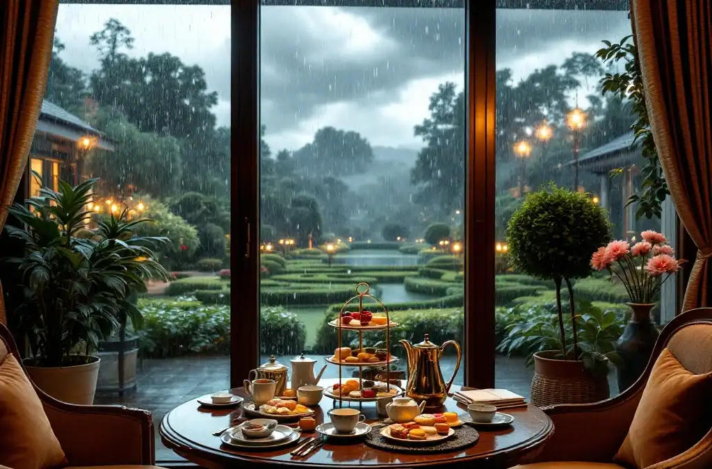 Gezellige lounge in Villa Flora met luxe High Tea setup, gezien door regenbeslagen raam met contrast tussen warm interieur en natte tuin