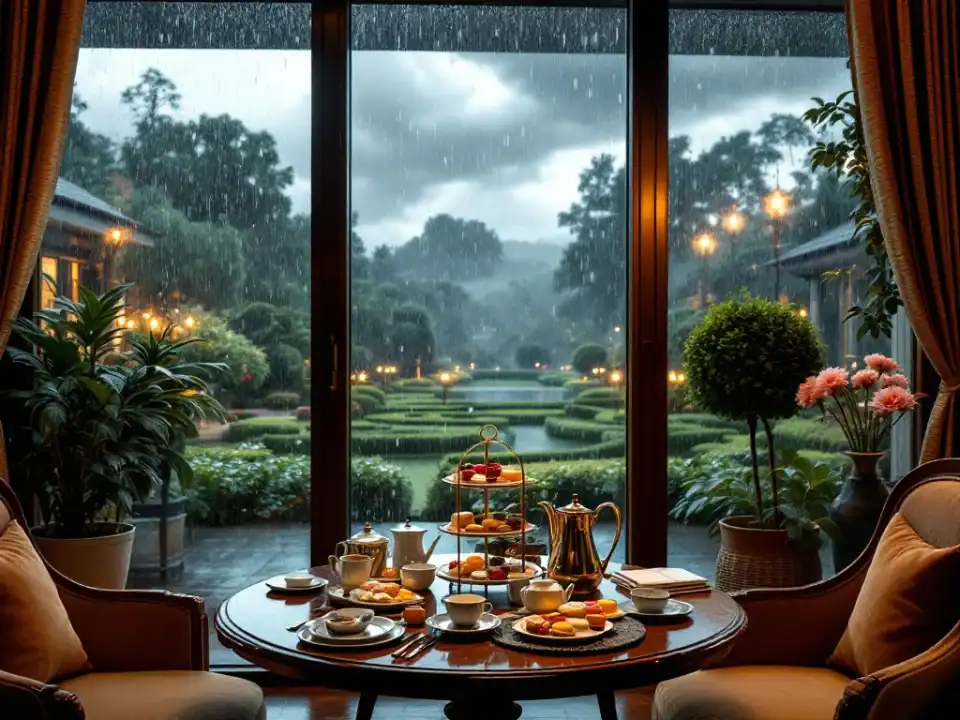 Gezellige lounge in Villa Flora met luxe High Tea setup, gezien door regenbeslagen raam met contrast tussen warm interieur en natte tuin