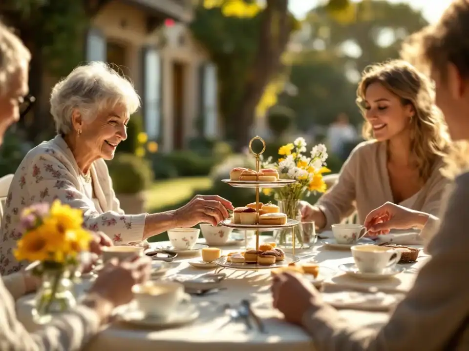 Drie generaties familie genieten van High Tea op het zonovergoten terras van Villa Flora, met handen die reiken naar gebak op stijlvol gedekte tafel.