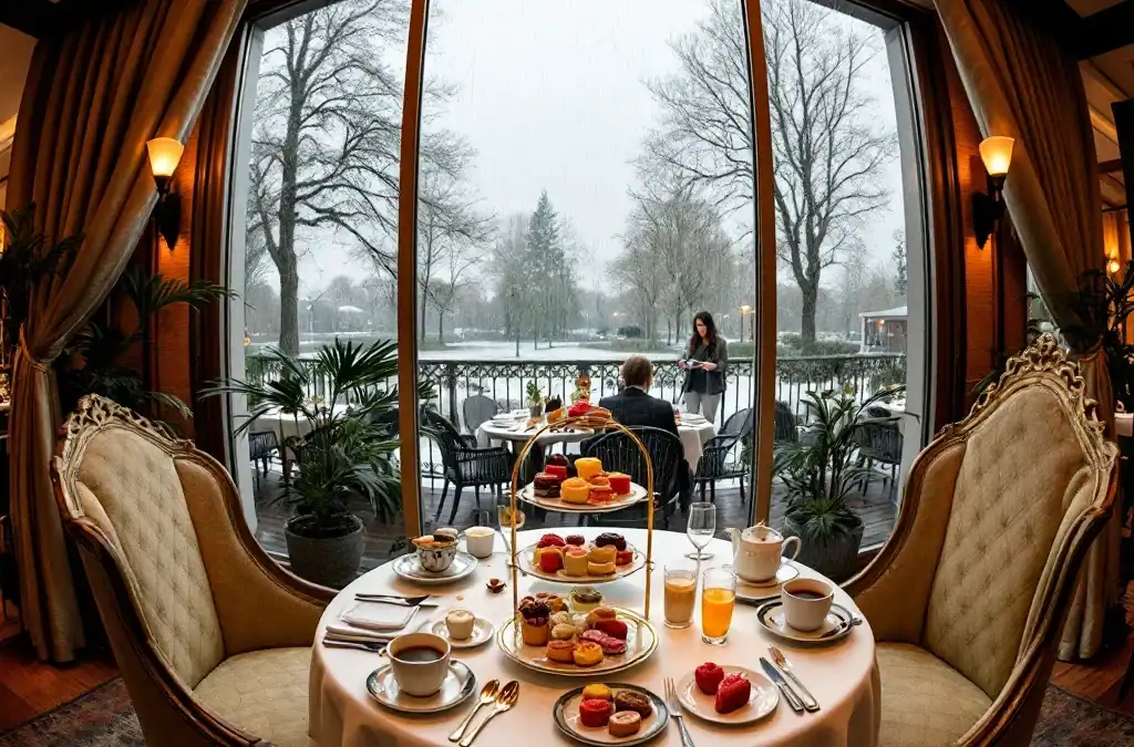 Gezellig interieur van restaurant Villa Flora in Hillegom met luxe High Tea opstelling, terwijl regendruppels op de grote ramen zichtbaar zijn.
