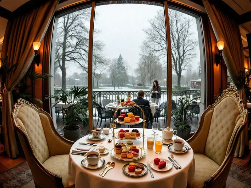 Gezellig interieur van restaurant Villa Flora in Hillegom met luxe High Tea opstelling, terwijl regendruppels op de grote ramen zichtbaar zijn.