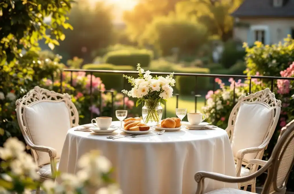 Romantisch gedekt ontbijt voor twee op het zonnige terras van Hotel Villa Flora, met uitzicht over weelderige tuinen en het glooiende landschap in warm ochtendlicht.
