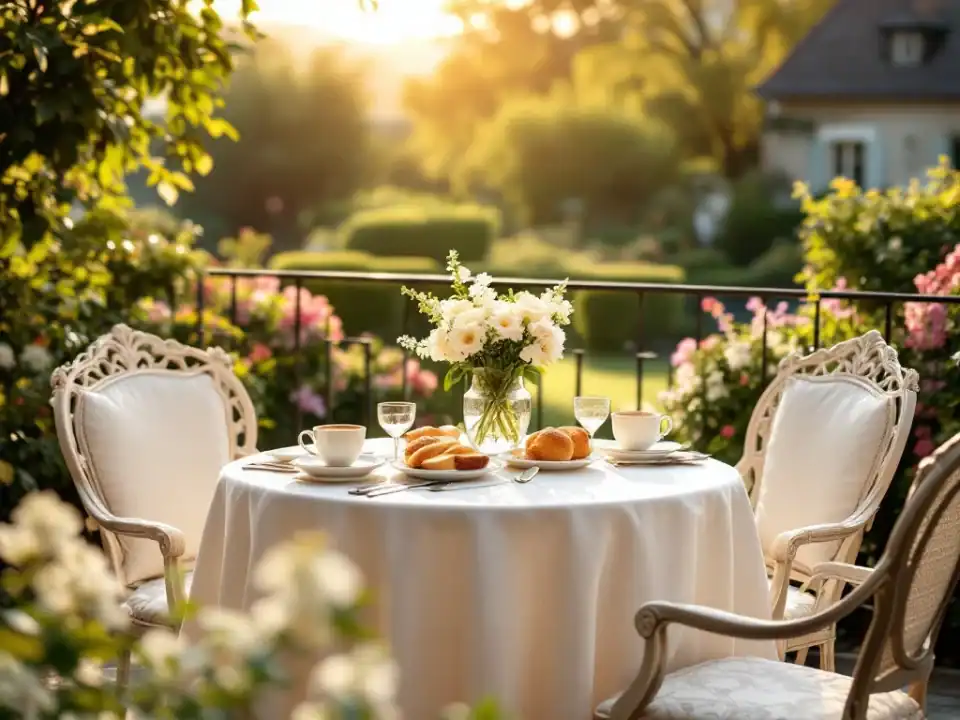 Romantisch gedekt ontbijt voor twee op het zonnige terras van Hotel Villa Flora, met uitzicht over weelderige tuinen en het glooiende landschap in warm ochtendlicht.