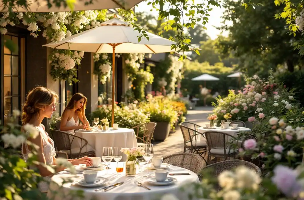 Zomerse tuin van Hotel Villa Flora in de Bollenstreek met dames die thee drinken aan bistrotafels, omringd door bloemen en kleurrijke bollenvelden op de achtergrond.