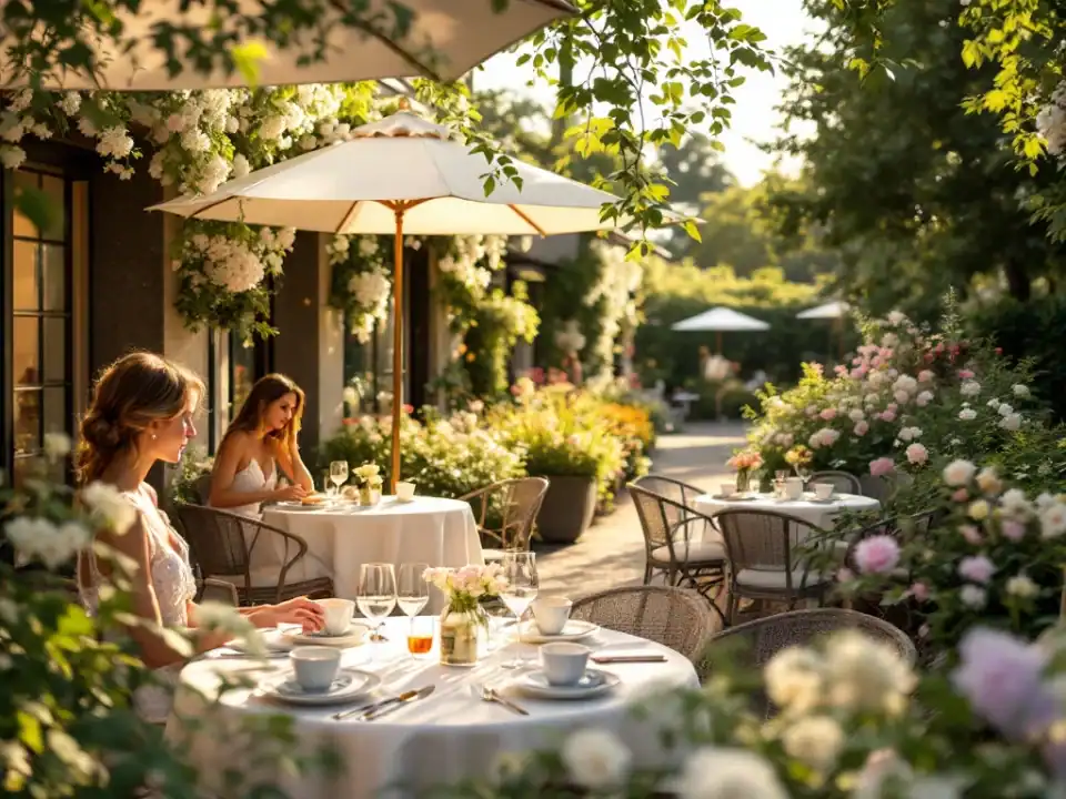Zomerse tuin van Hotel Villa Flora in de Bollenstreek met dames die thee drinken aan bistrotafels, omringd door bloemen en kleurrijke bollenvelden op de achtergrond.