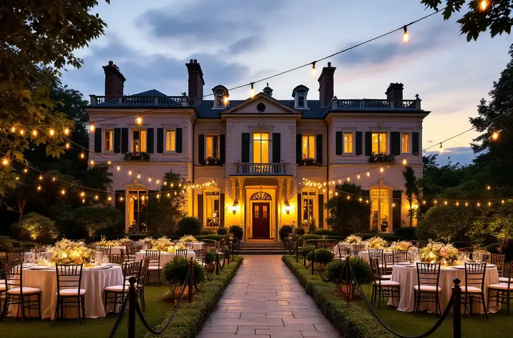 Villa Flora bij schemering, historische villa met elegant gedekte tafels en sfeerverlichting in de tuin, perfecte locatie voor exclusieve evenementen in warme gouden verlichting.