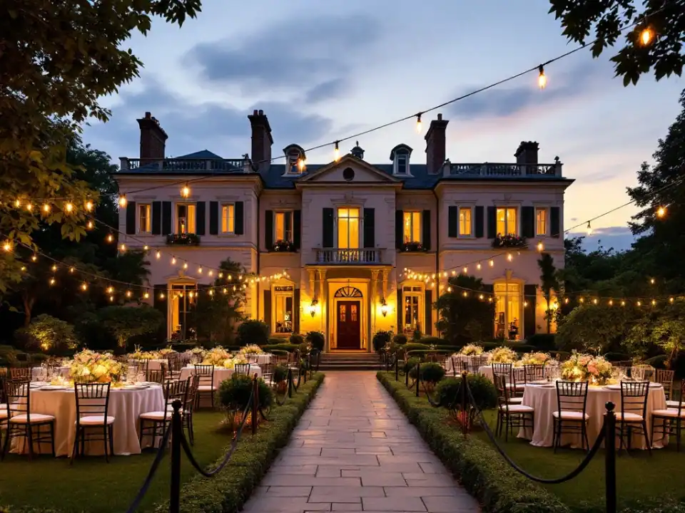Villa Flora bij schemering, historische villa met elegant gedekte tafels en sfeerverlichting in de tuin, perfecte locatie voor exclusieve evenementen in warme gouden verlichting.