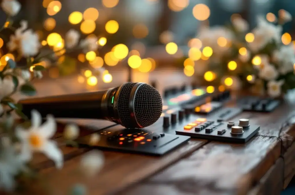 Professionele bruiloft audiovisuele apparatuur op rustiek hout met warme verlichting en witte bloemen decoratie