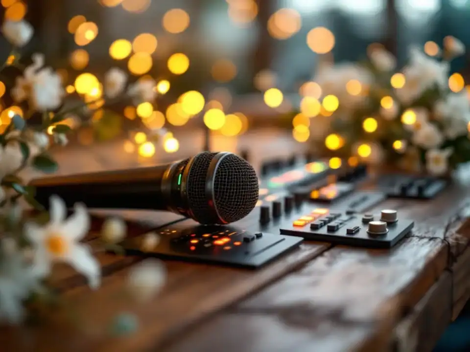 Professionele bruiloft audiovisuele apparatuur op rustiek hout met warme verlichting en witte bloemen decoratie