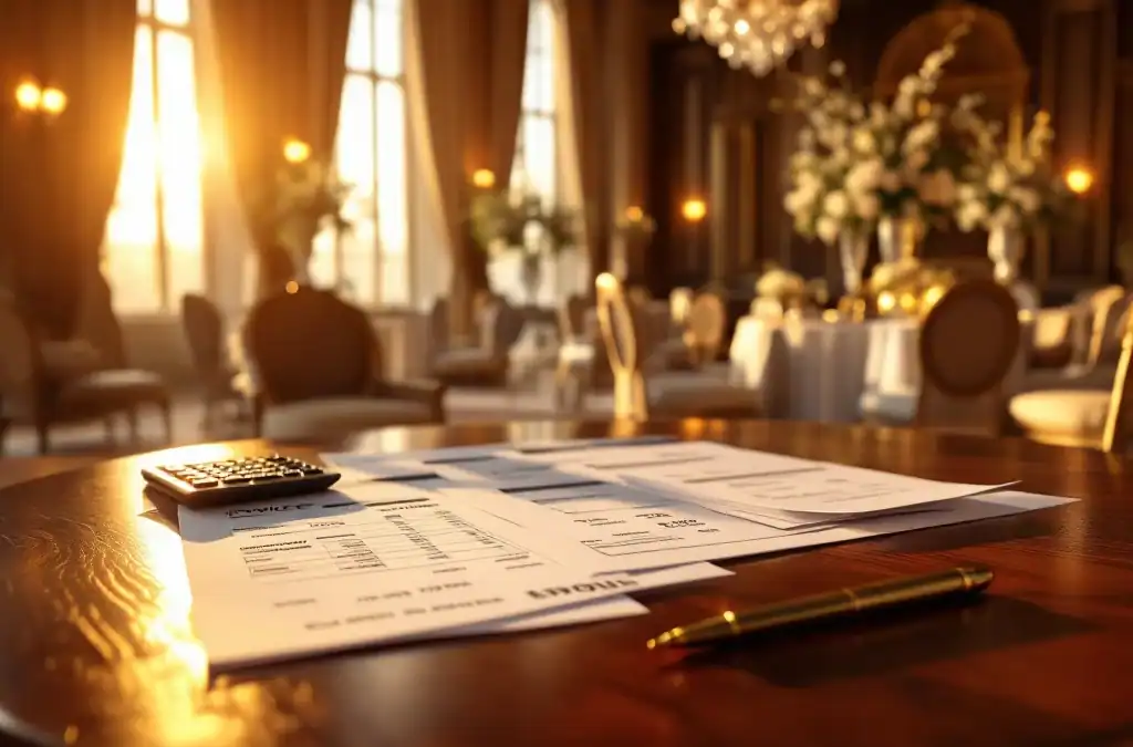 Bruiloft budgetplanning documenten op houten tafel in luxe trouwzaal met gouden verlichting en kristallen kroonluchters