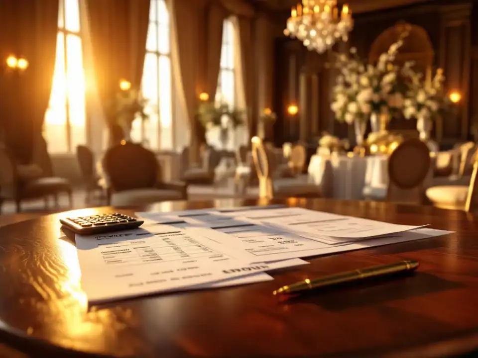 Bruiloft budgetplanning documenten op houten tafel in luxe trouwzaal met gouden verlichting en kristallen kroonluchters