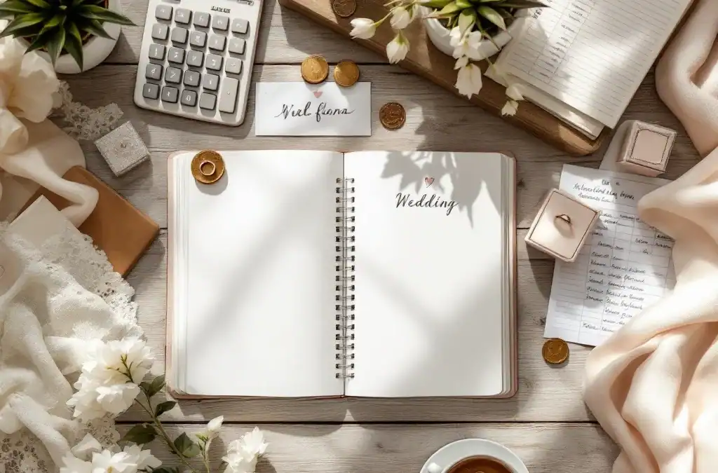 Bruiloft budgetplanning op rustieke houten tafel met rekenmachine, spreadsheet, ringen en bloemen in warme tinten