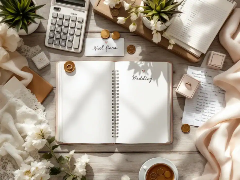 Bruiloft budgetplanning op rustieke houten tafel met rekenmachine, spreadsheet, ringen en bloemen in warme tinten