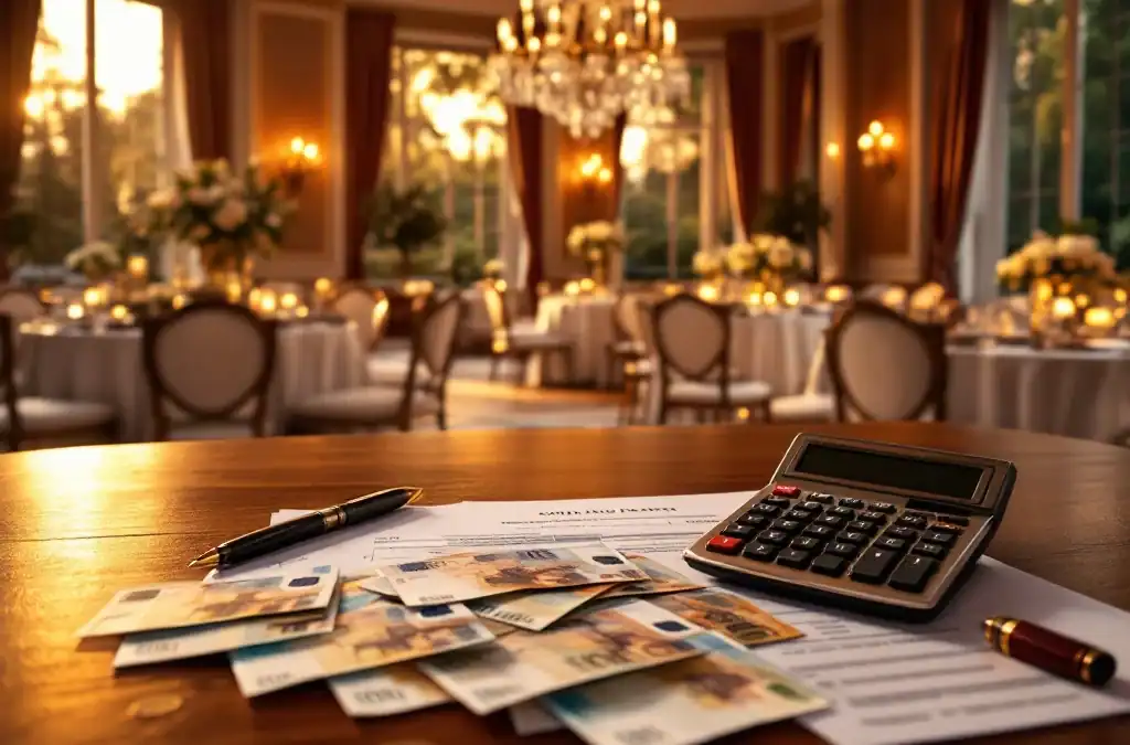 Luxe trouwzaal met kristallen kroonluchters en euro bankbiljetten met rekenmachine op mahonie bureau voor bruiloft planning