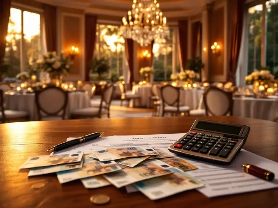 Luxe trouwzaal met kristallen kroonluchters en euro bankbiljetten met rekenmachine op mahonie bureau voor bruiloft planning