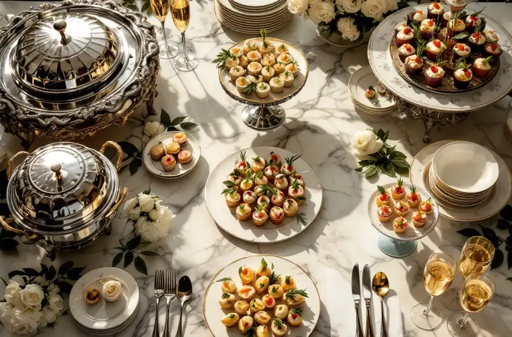 Luxe bruiloft catering spread van bovenaf: buffet met zilveren schalen, champagne, canapés en witte rozen op marmer