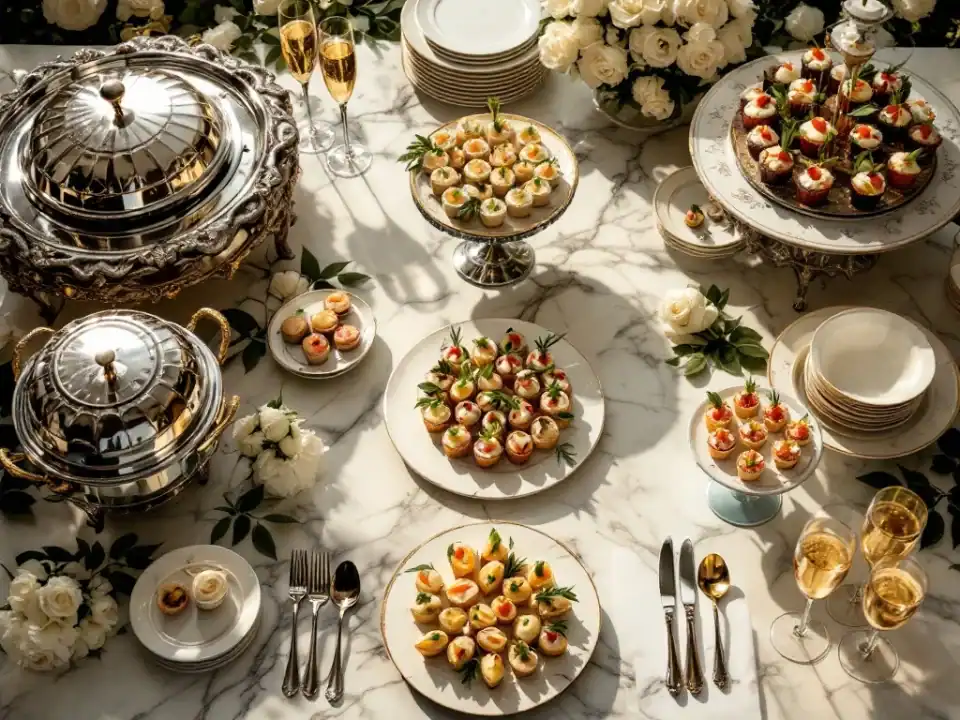 Luxe bruiloft catering spread van bovenaf: buffet met zilveren schalen, champagne, canapés en witte rozen op marmer