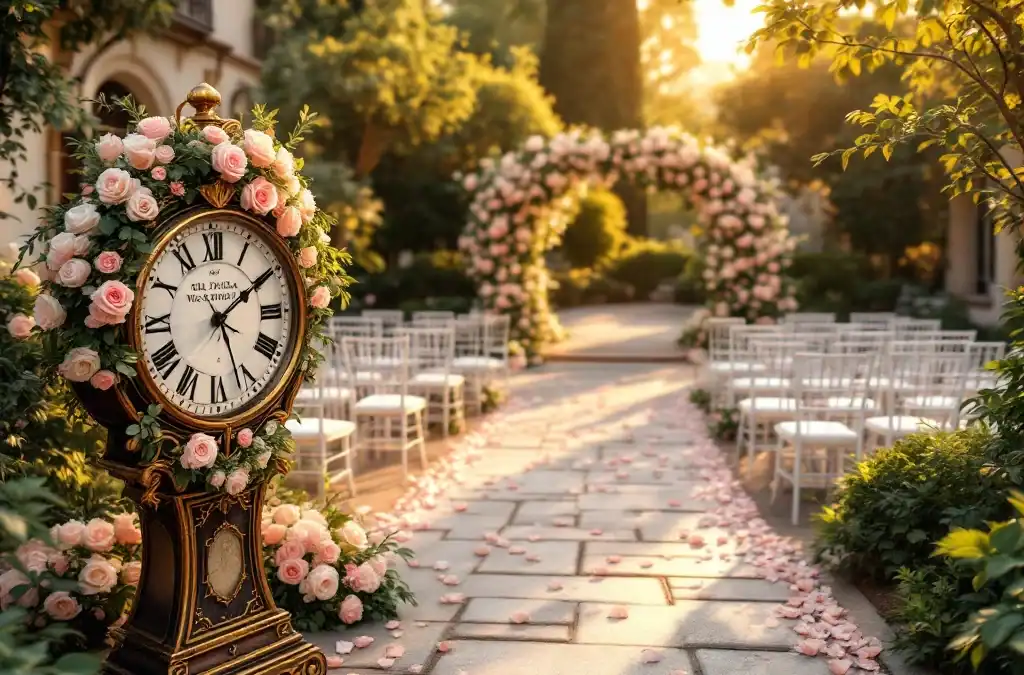 Luxe bruiloftceremonie met witte stoelen, bloemenboog en vintage klok bij Villa Flora tijdens gouden uur
