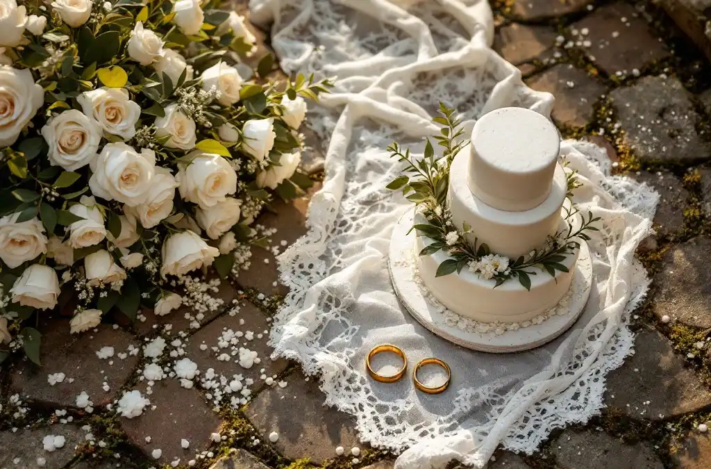 Luchtfoto van bruiloft ceremonie bij historische villa met trouwringen, taart, bruidsboeket en rijst op kasseien