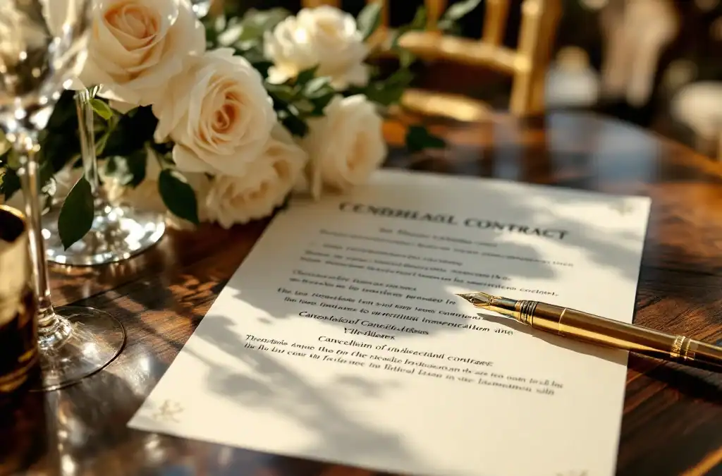 Huwelijkscontract met annuleringsclausules op houten tafel, vulpen ernaast, Villa Flora op achtergrond met rozen