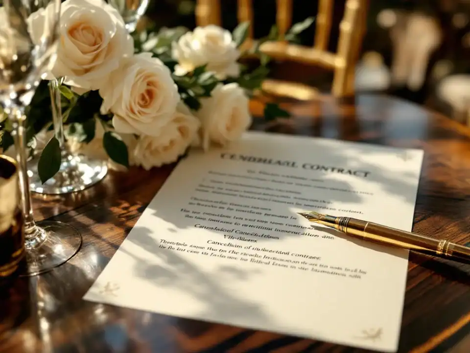 Huwelijkscontract met annuleringsclausules op houten tafel, vulpen ernaast, Villa Flora op achtergrond met rozen