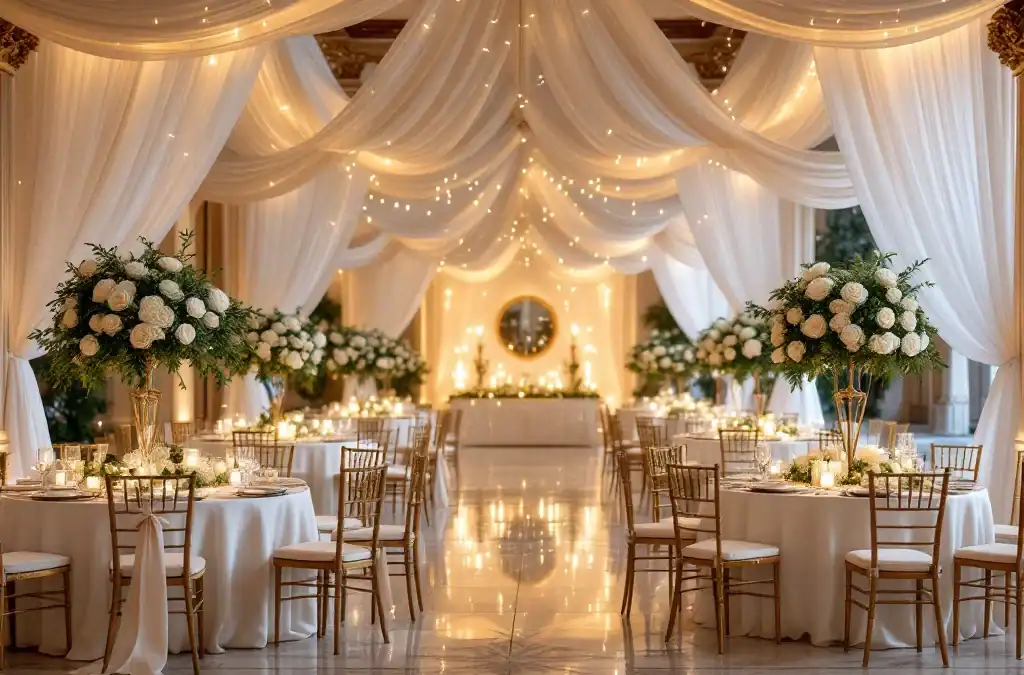 Luxe bruiloftszaal met witte rozen, gouden verlichting, elegante tafeldecoratie en romantische sfeerverlichting