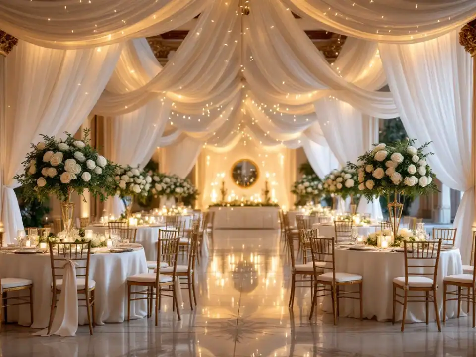 Luxe bruiloftszaal met witte rozen, gouden verlichting, elegante tafeldecoratie en romantische sfeerverlichting