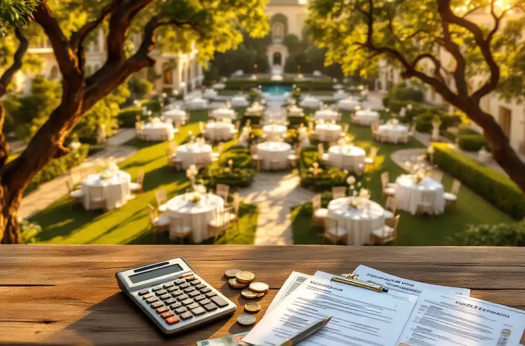 Luchtfoto van elegante bruiloft locatie met witte tafels, villa architectuur en budgetplanning documenten op voorgrond