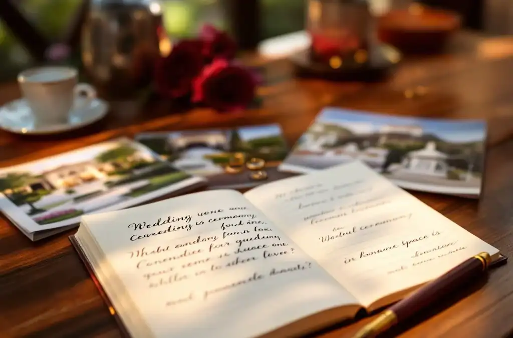 Bruiloft locatie consultatie opstelling met notitieboek, brochures en trouwringen op houten tafel in luxe villa setting