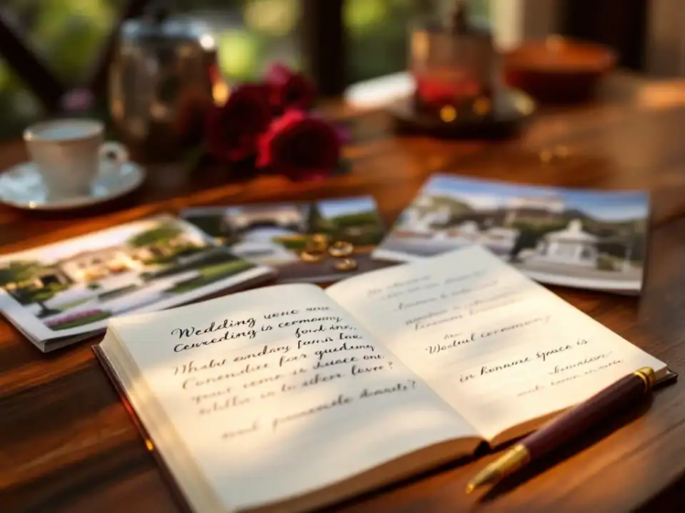 Bruiloft locatie consultatie opstelling met notitieboek, brochures en trouwringen op houten tafel in luxe villa setting