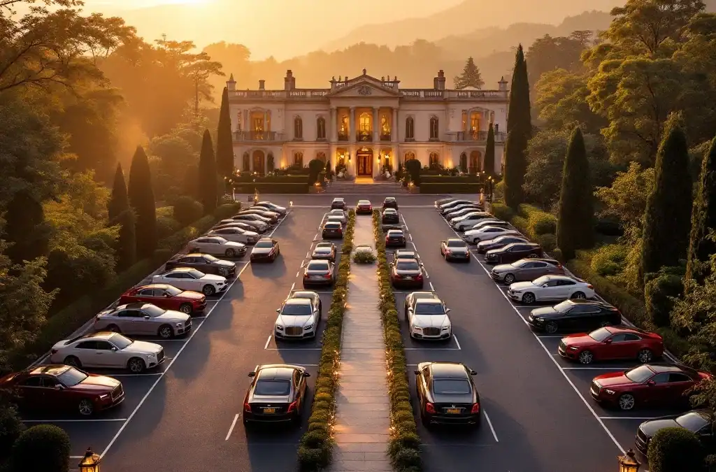 Luchtfoto van georganiseerde parkeerplaats bij elegante trouwlocatie tijdens gouden uur met historische villa op achtergrond